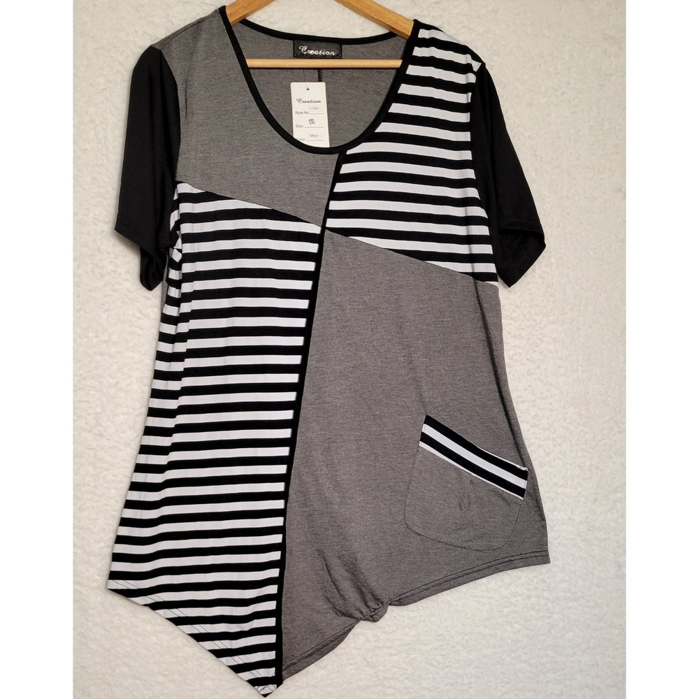 Creation Striped Tunic Shirt Short Sleeve New‎ Womens Sz 2XL Grey Black NWT 0282